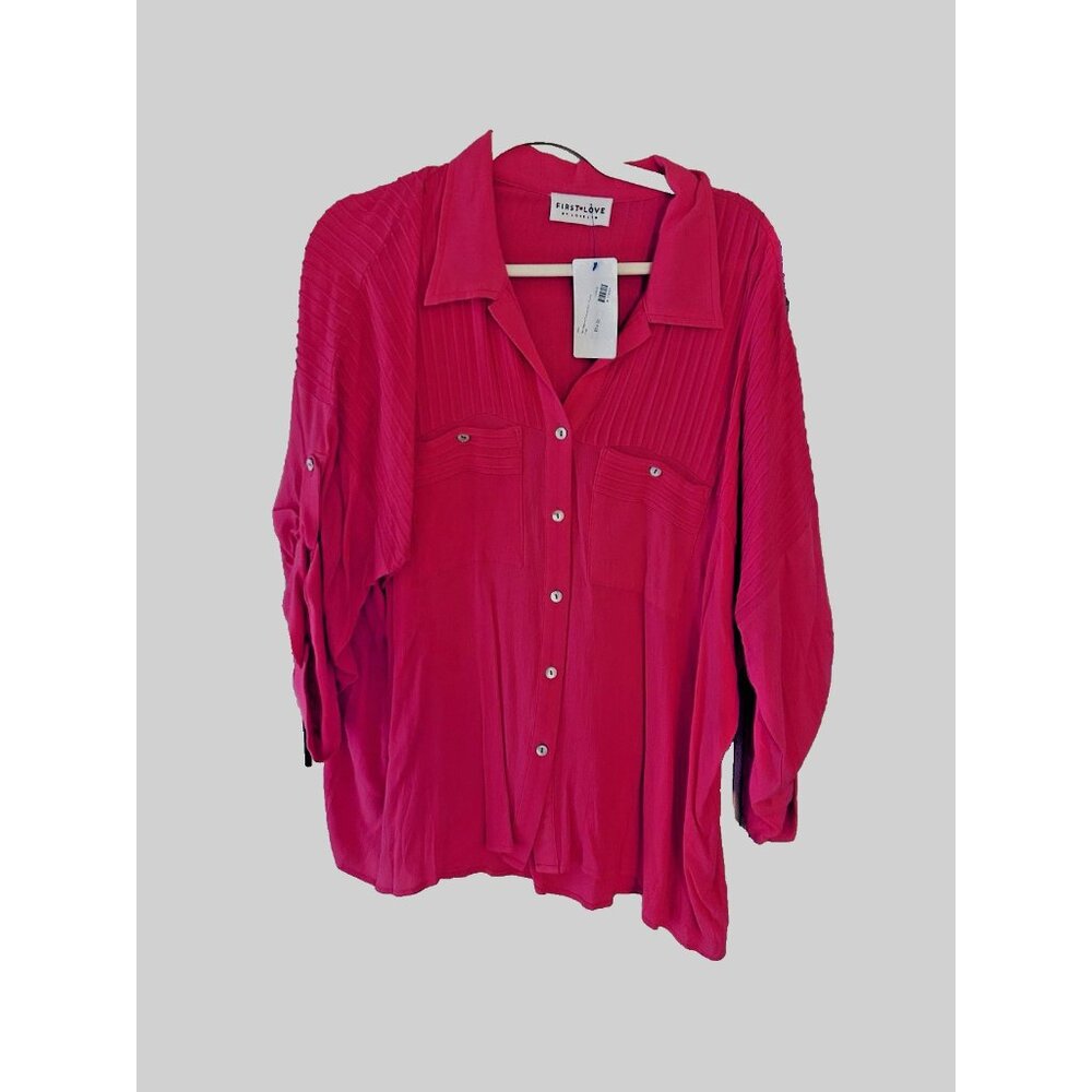 First Love by Lovelyn Hot Pink Button Down Blouse Shirt Sz Large NEW W/TAGS!